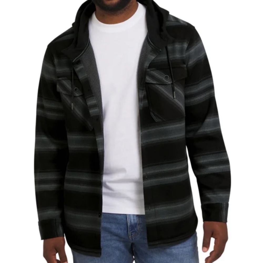 Quiksilver Men's Hooded Shirt Jacket- Black and Gray